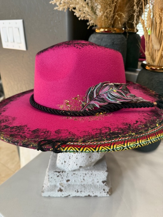 One of a kind Fuchsia Felt Cowboy Hat with Black Trim gold flake leather feather main image 5